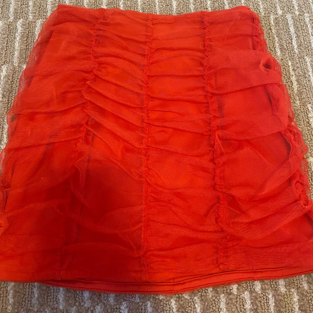 red ruched ASOS mini skirt